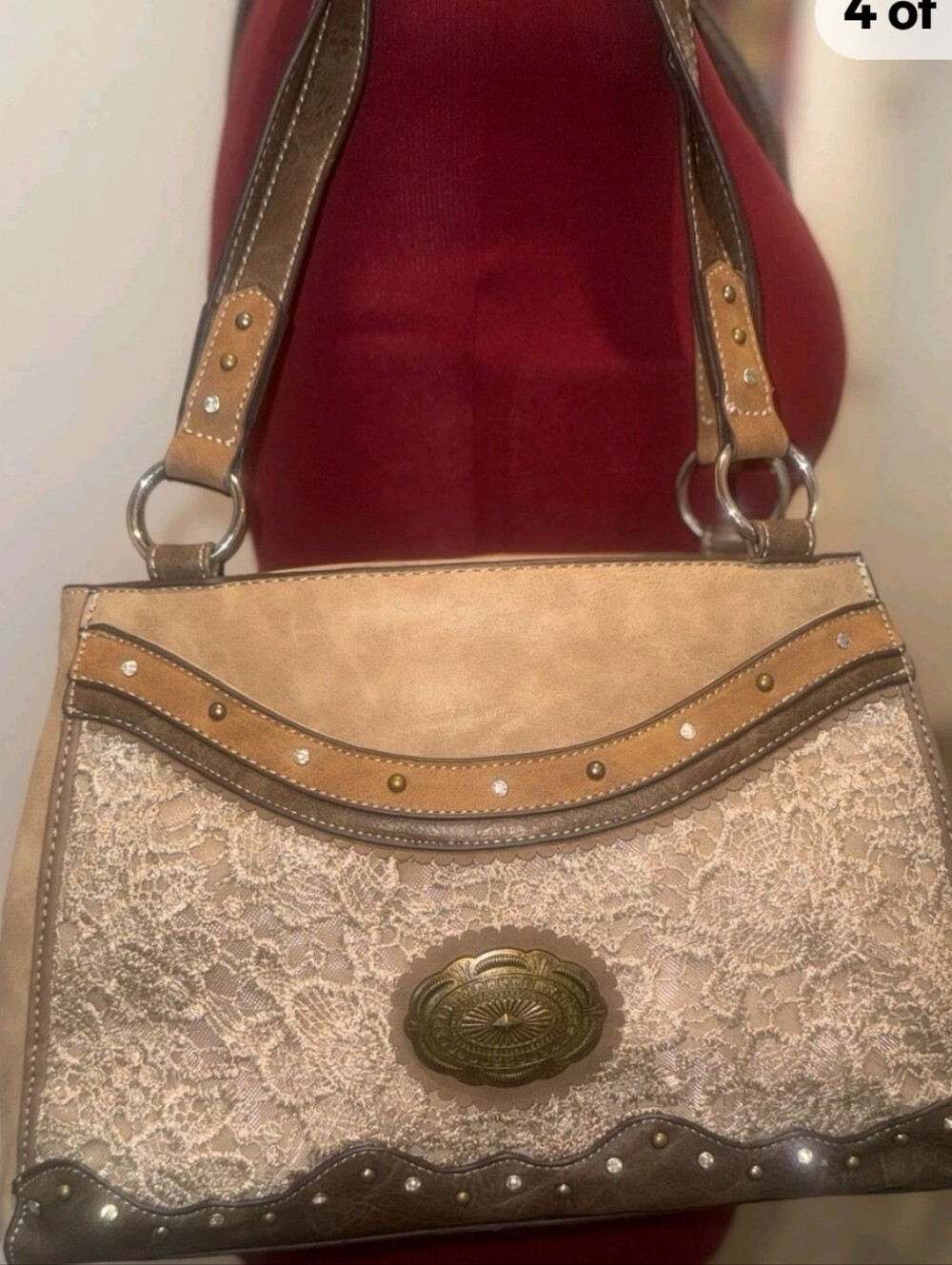 Justin Boots Beige Lace Accent Shoulder Bag with Brass Medallion Conceal Carry